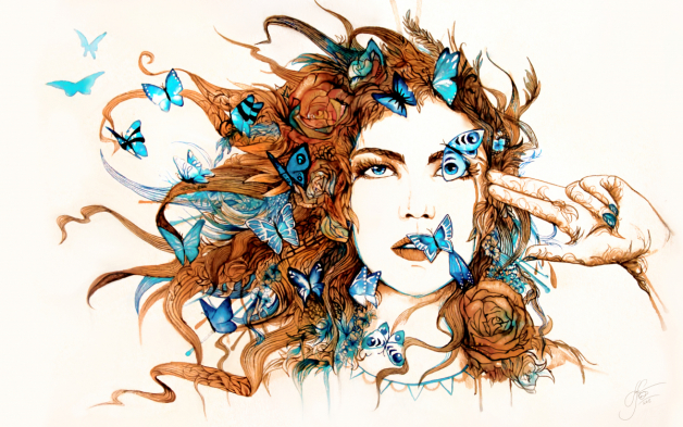 Fantasy world wall murals & wallpaper Butterflies Redhead girl Art. No:10000021418