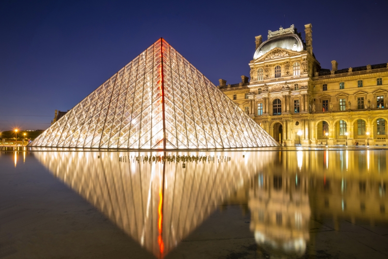 France Houses Louvre Museum Paris Pyramid Night