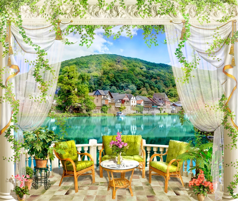 Fresco wall murals & wallpaper View from the terrace to the houses by the lake Art. No: 10000002942