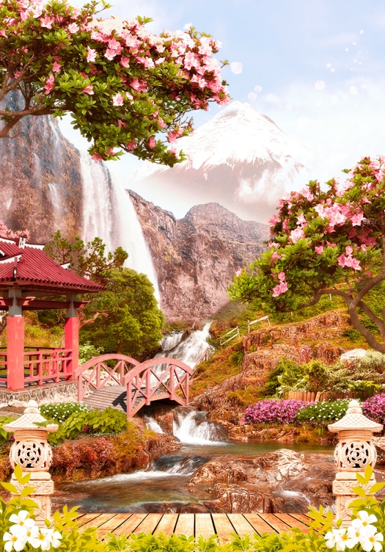 Fresco wall murals & wallpaper Sakura waterfall mountains Art. No: 10000002994