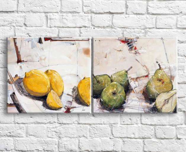 Food and beverages Canvas sets Green pears and lemon, abstraction Art nr. 772676901484 at Print-Services.com