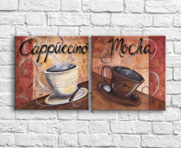 Food and beverages Canvas sets Cappuccino and moccasino against the background of abstraction and patterns Art nr. 772676901486 at Print-Services.com