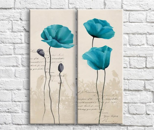 Floral Canvas sets Dark blue poppies on a beige background with text Art nr. 772676901997 at Print-Services.com