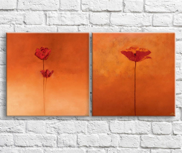 Floral Canvas sets Dark red poppies oil on an orange background Art nr. 772676901998 at Print-Services.com