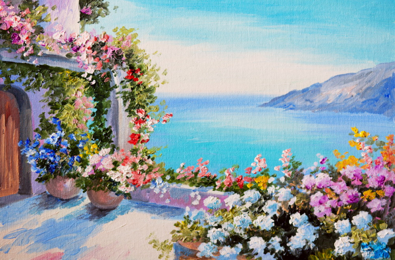 Terrace Drowning In Flowers Near The Sea And Mountains