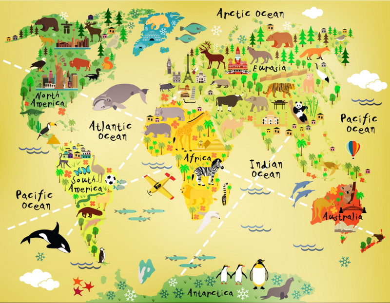 Maps and atlases Wall Murals & Wallpapers drawing with the map of the world and animals, Art. No:772676885296